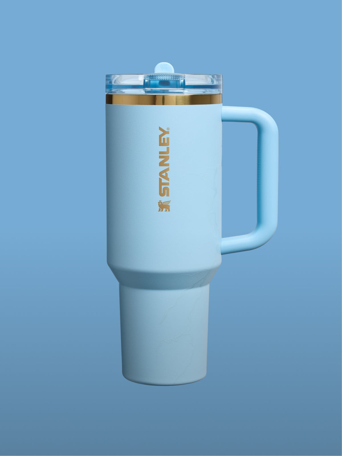 Blue Stanley mug on a blue background