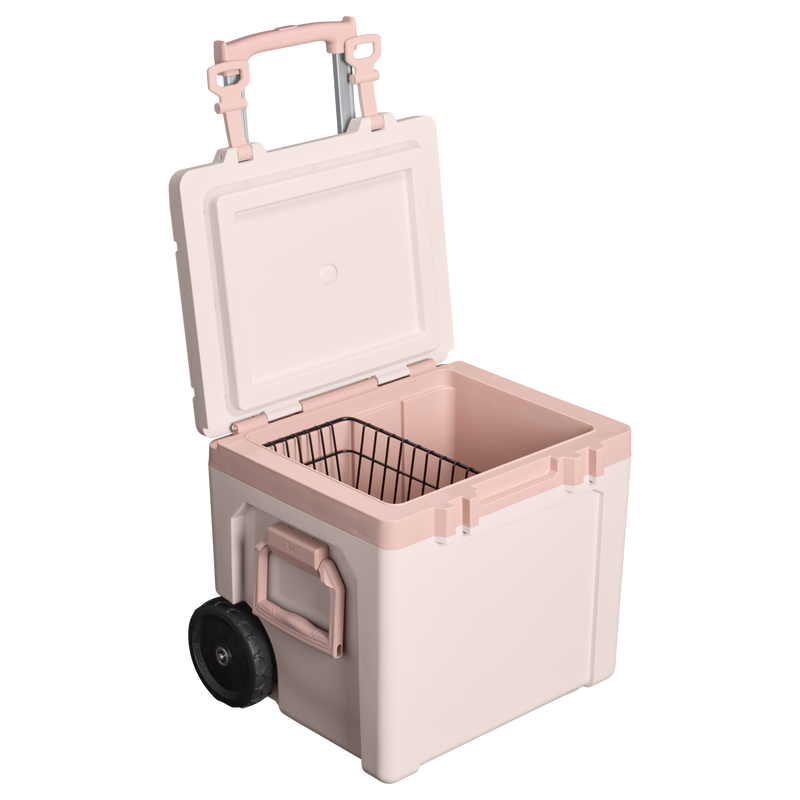 Stanley 1913 Cold-For-Days Wheeled Outdoor Cooler 47.3L in Rose Quartz | Open View