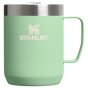 Green Stanley mug with a silver lid on a white background
