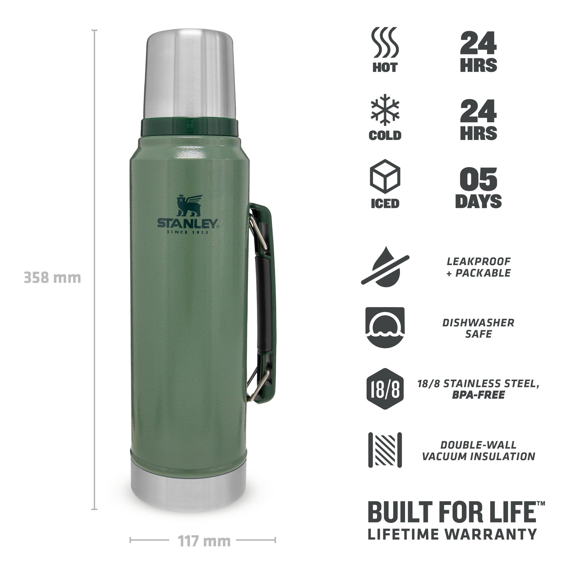 Stanley Thermos Built for Life Since 1913 Green 1.1qt with Cup